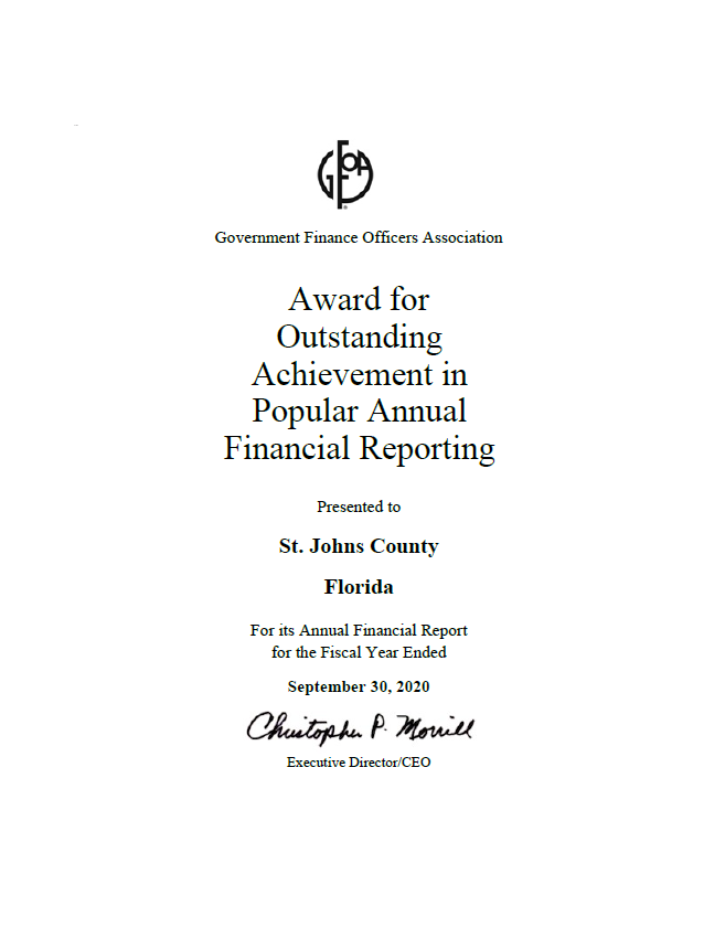 St. Johns County receives award for outstanding achievement for public-friendly financial reporting