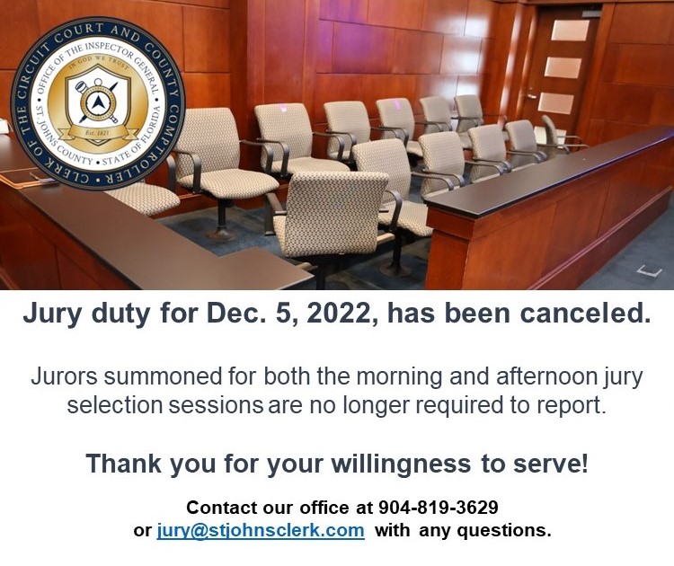 Jury duty canceled for Monday, Dec. 5, 2022